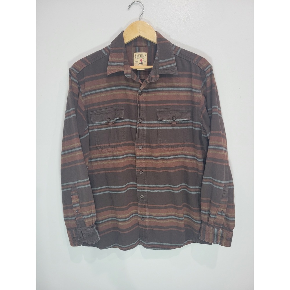 Red Head Brand Co Mens Large Brown Striped Flannel Button Down Shirt Long Sleeve